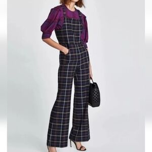Zara Jumpsuit Plaid Wide Leg Pants Sleeveless Blue Black Size XS